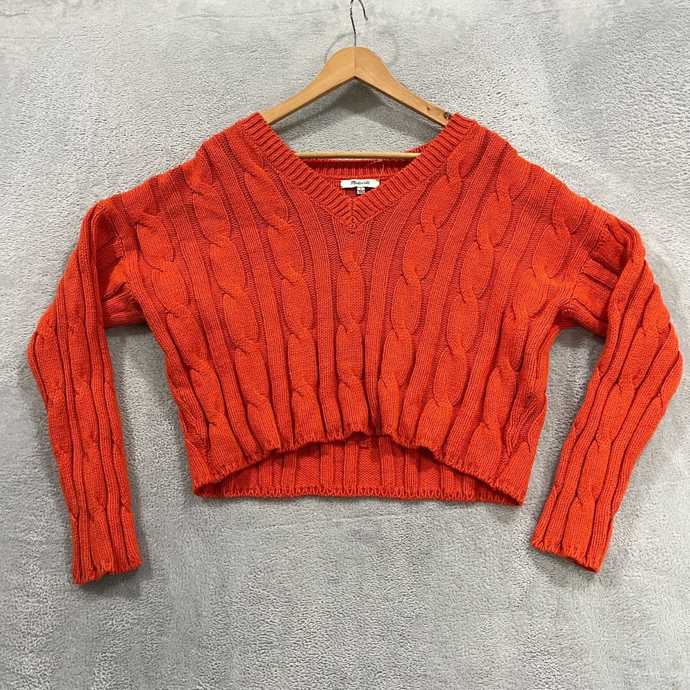 Madewell Sweater Womens Large Orange Cotton Blend Cable Knit Pullover Cottage